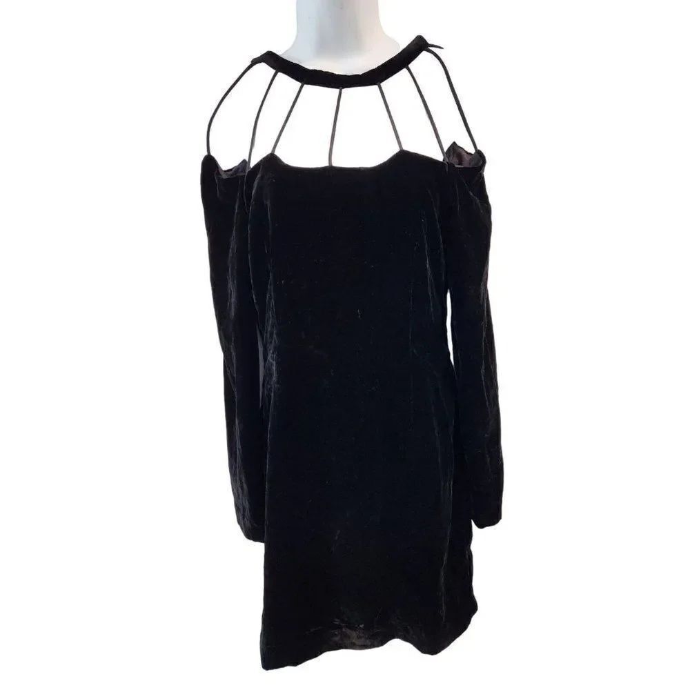 Momoshero Black Long Sleeve Cage Neck Cut Out Velvet Mini Sheath Dress M Italy